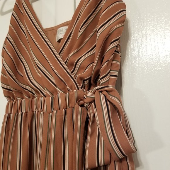 Sienna Sky Long Romper Pinstriped Nude Pink Wide Leg, Tie Waist, Flowy, Wrap Top - Picture 4 of 11